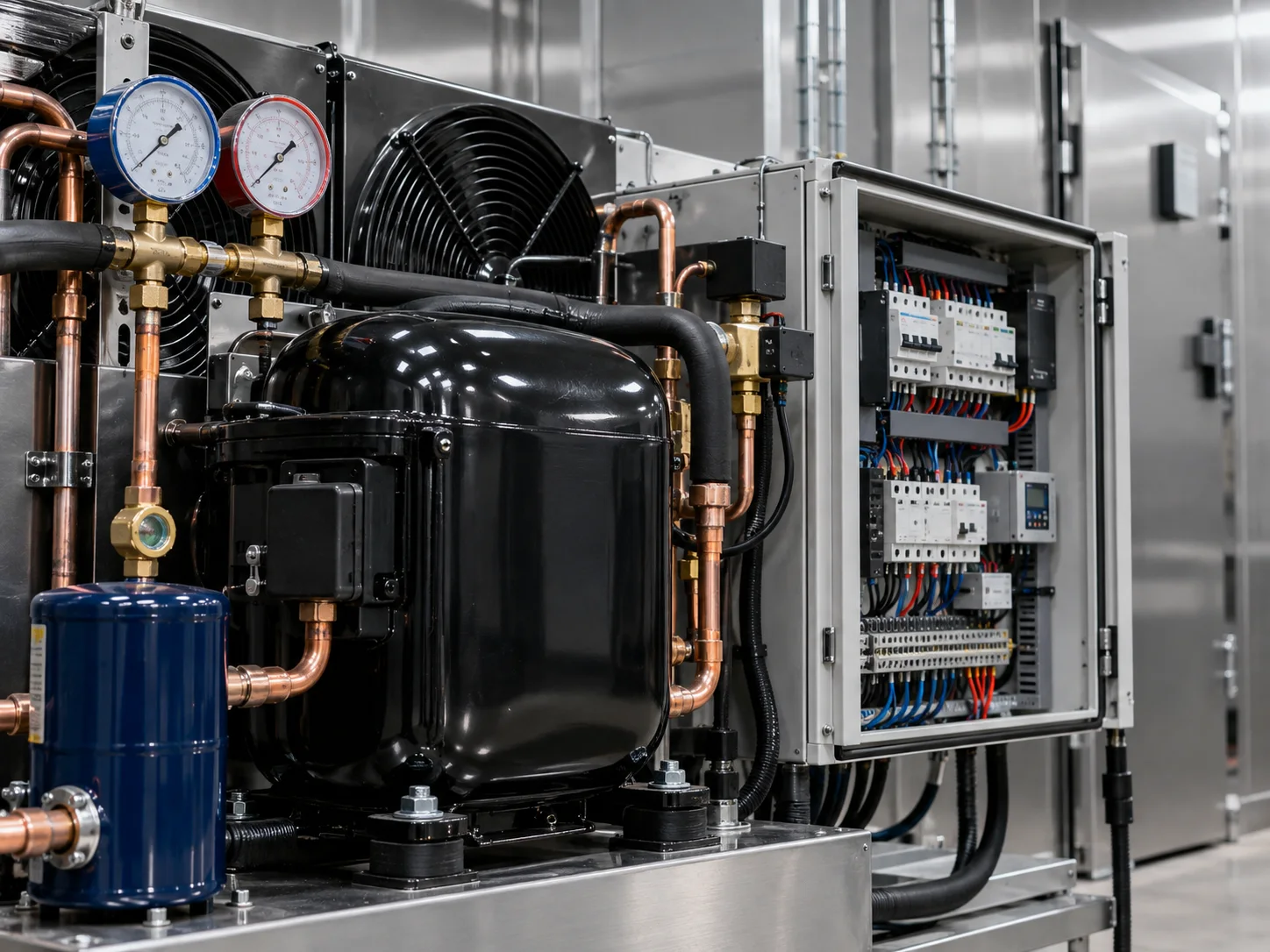 Compressor, tubulações e painel de controle de um sistema de refrigeração